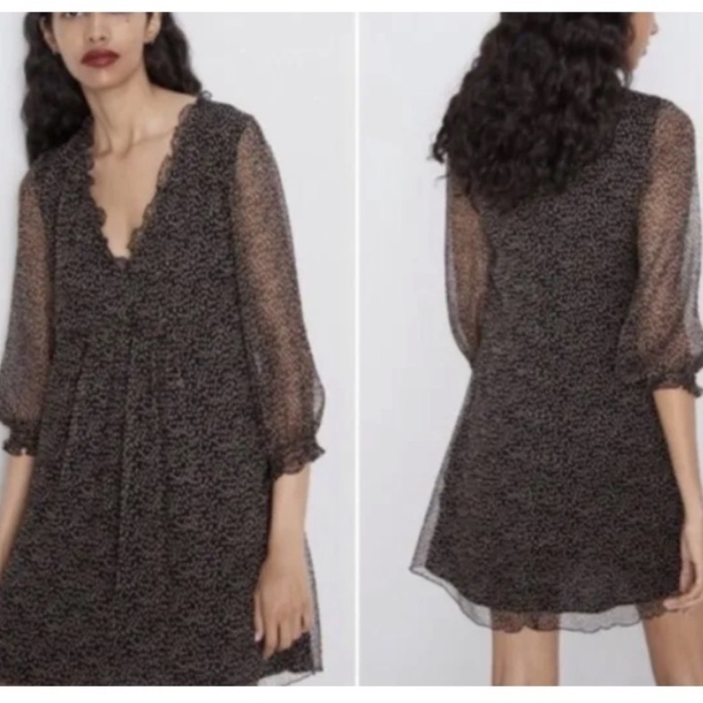 5/$25 Zara Dot Print Flowing Chiffon Babydoll Dress V-Neckline Black/Tan Small